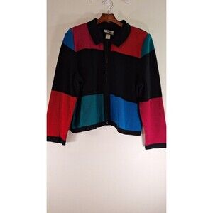 Vtg MITA Color Block Full Zip Knit Sweater Cardigan Women's L Old Money Retro